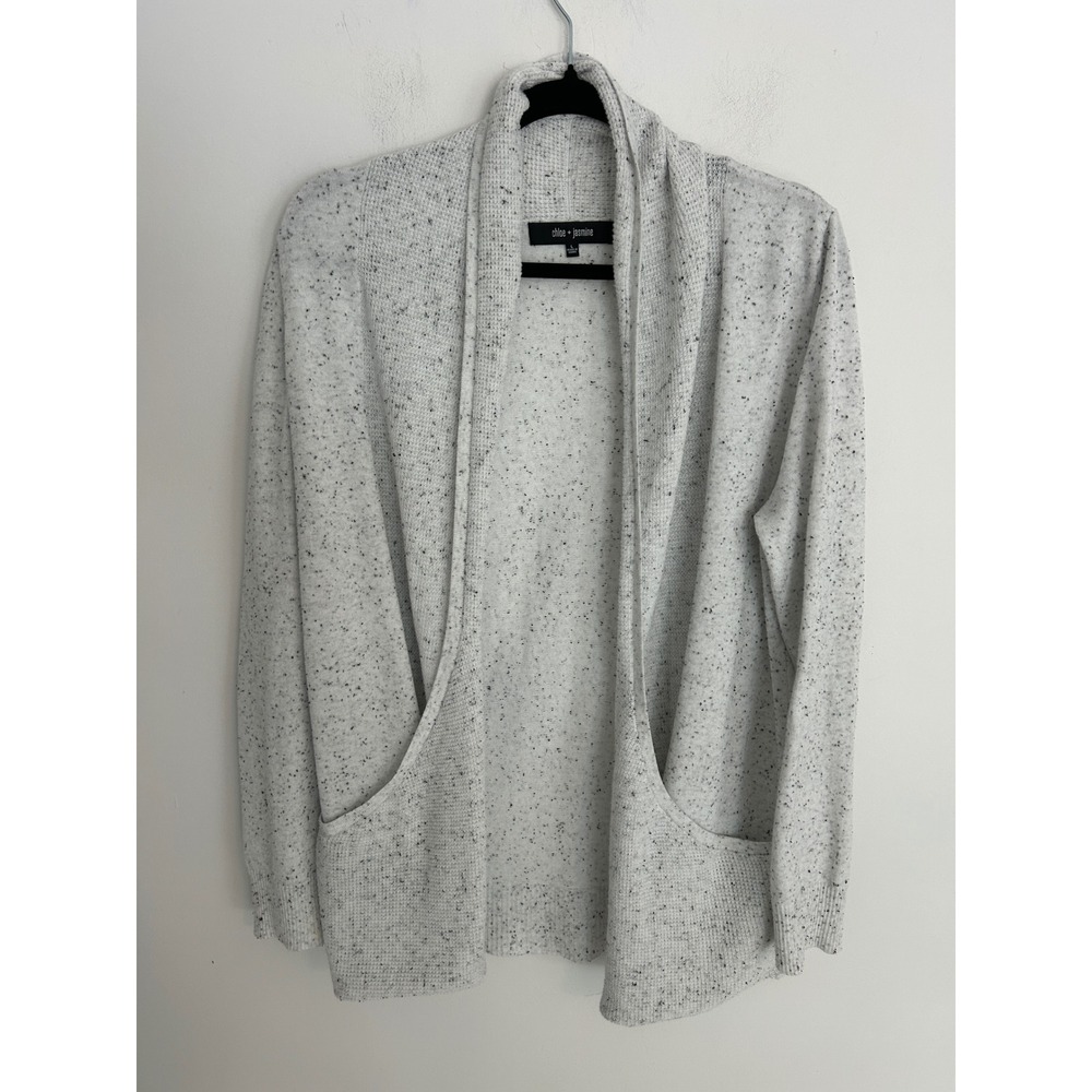 Chloe + Jasmine Womens Gray Speckled Open Front Cardigan Sweater Large Pockets